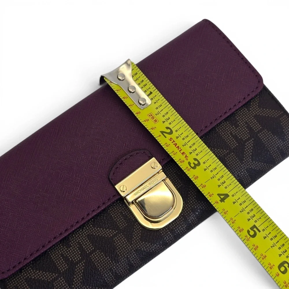 Michael Kors Bridgette Flap Wallet Brown MK‎ Logo Burgandy Eggplant Leather Lock